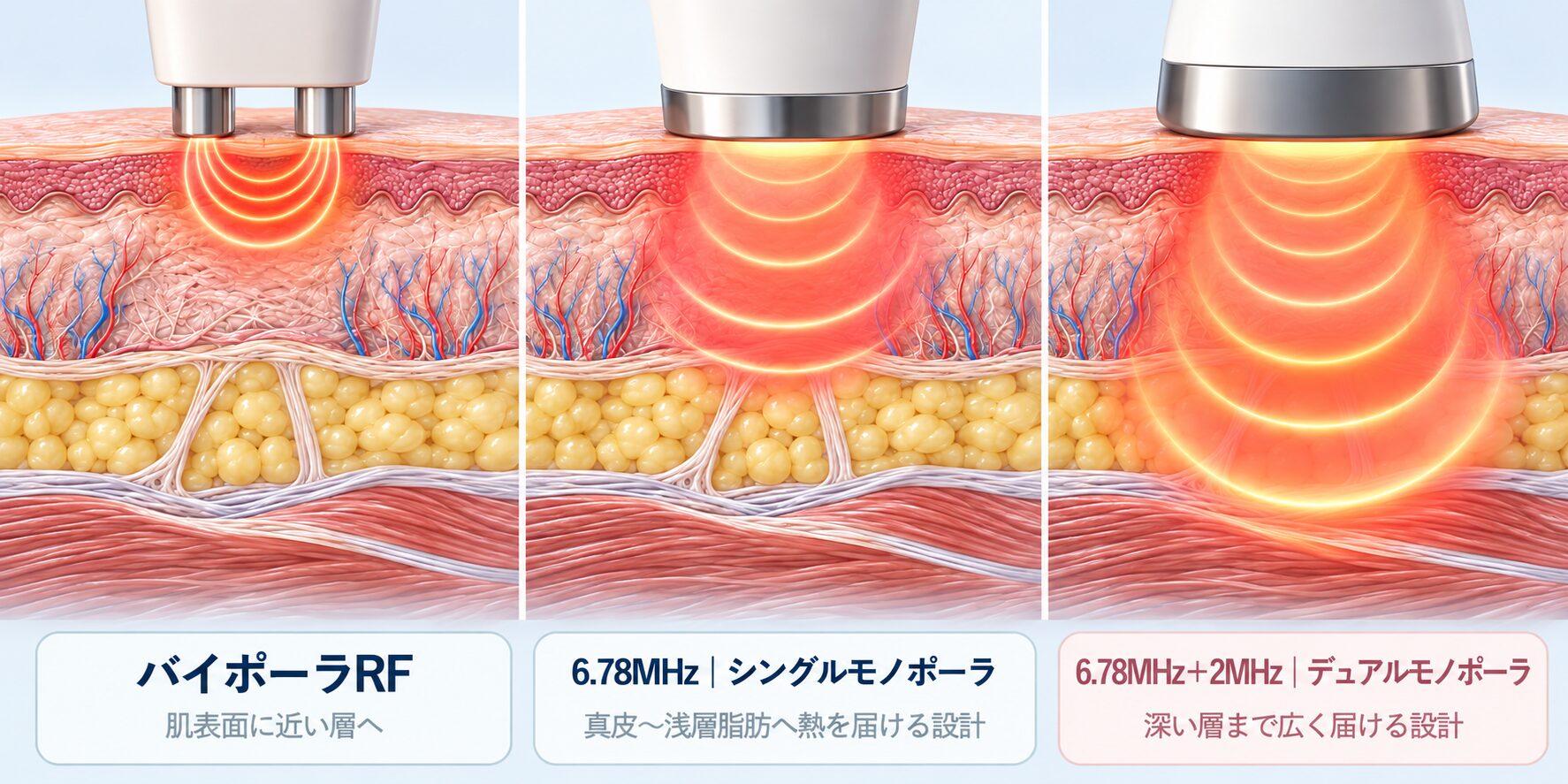 バイポーラRF、6.78MHzシングルモノポーラ、6.78MHzと2MHzのデュアルモノポーラで熱が届く深さを比較したイメージ